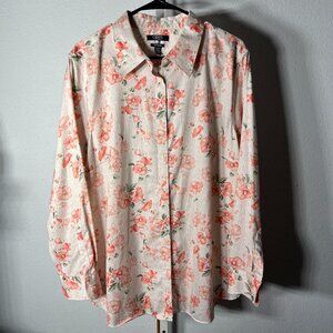 Chaps White & Peach Cotton Floral Women's Long-Sleeve Button-Up SZ XL